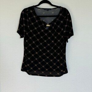 Adrienne Vittadini Women Black & Gold Geometric Pattern Short Sleeve Top. Size L